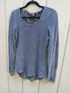 Vtg Y2K Urban X Top Ribbed Long Sleeve M Crochet Lace Scoop Neck Grey Acid Wash